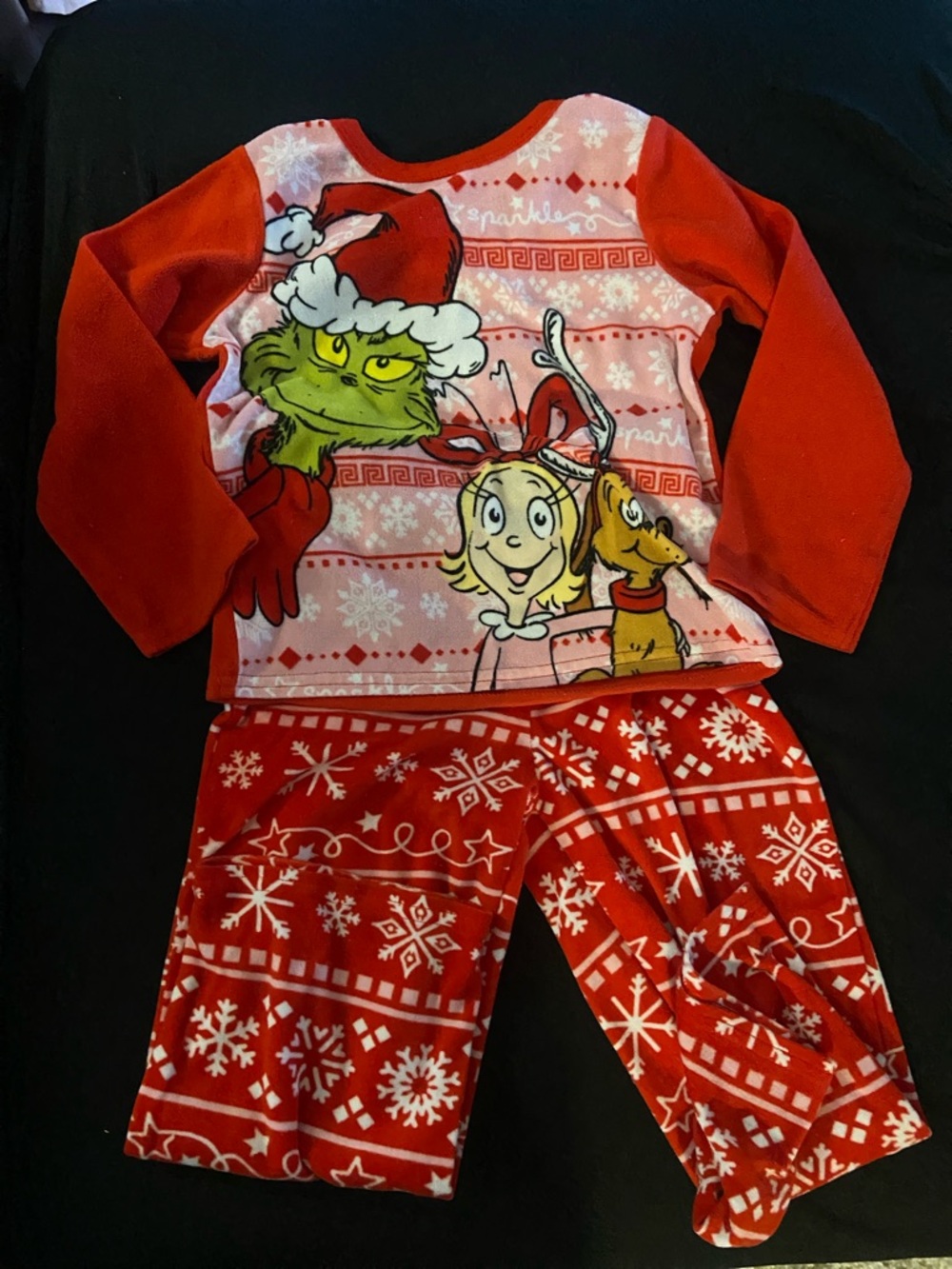 Kids Red Grinch Holiday Pajama Set - Graphic Top & Snowflake Pants